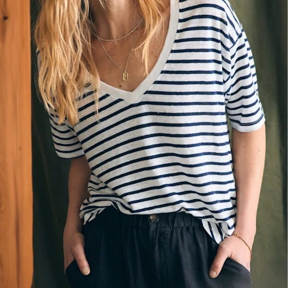FAHERTY Oceanside 100% Linen Tee XS Ahoy Stripe Nautical Coastal Grandma Beach